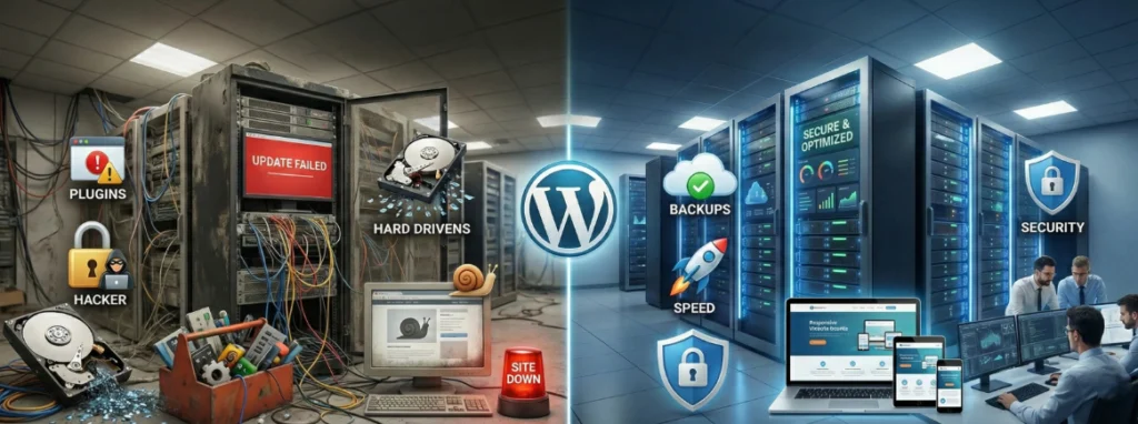 Server Issues and outdated WordPress plugins causing website failure and security risks