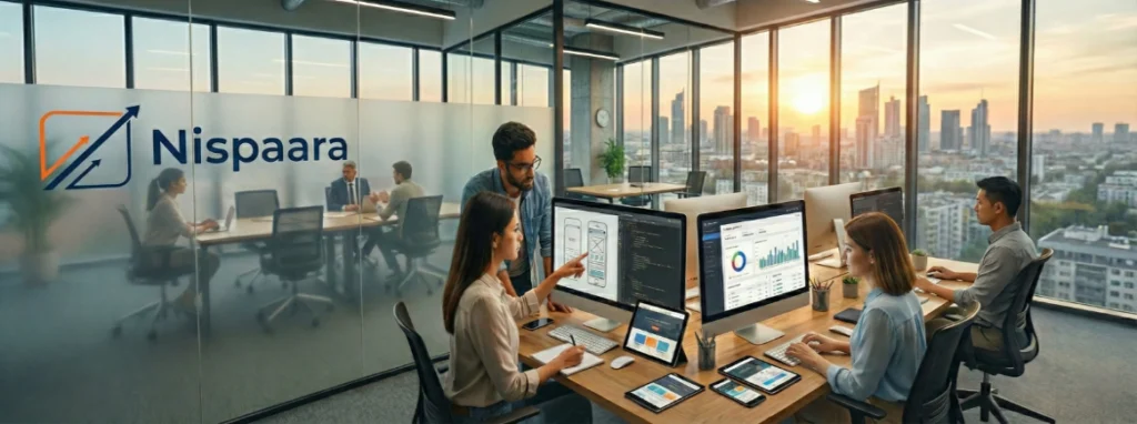 Professional web development team analyzing website performance and business growth metrics