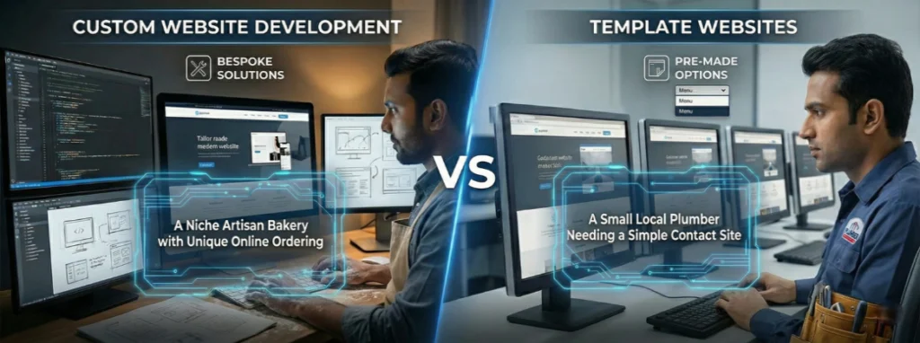 Comparison between custom website development and template-based websites for businesses