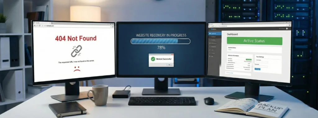 Website recovery process showing restoration progress after a website crash