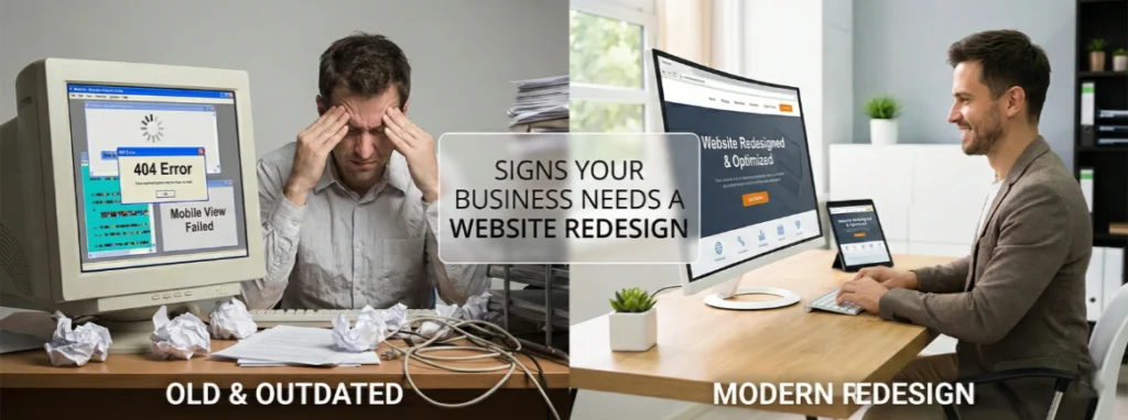 Old outdated website with errors compared to a modern redesigned business website