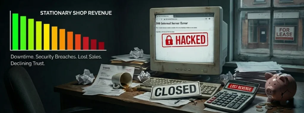 Business website showing security breach, downtime and a graph showing declining revenue due to poor maintenance