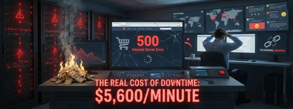Website server failure showing 500 error and revenue loss caused by website downtime