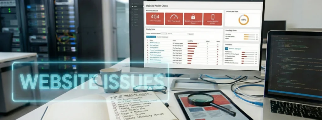 Website health dashboard highlighting errors, slow speed and security issues