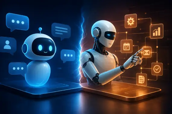 Friendly chatbot on a blue platform contrasted with an enterprise robot