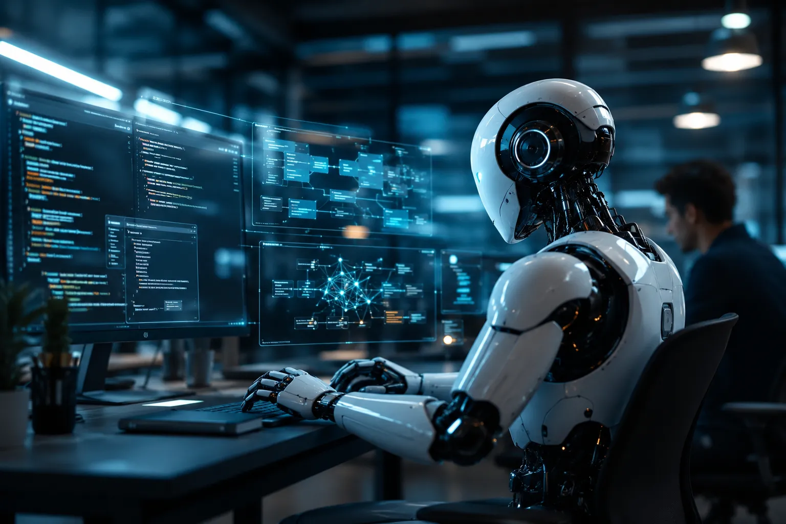 AI robot assisting with software development and coding