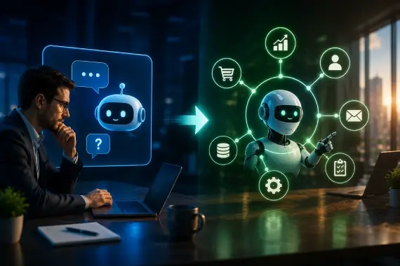 Human and AI agent moving from a question to connected business capabilities