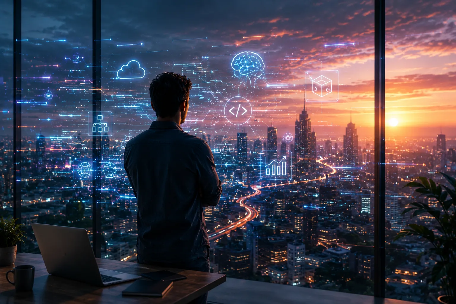 Developer looking over a city with AI software concepts