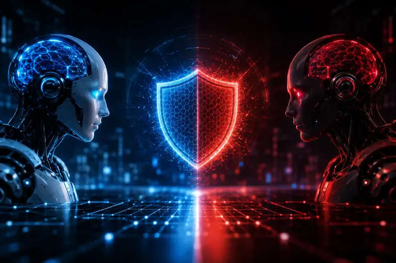 AI systems facing off in a futuristic cybersecurity environment
