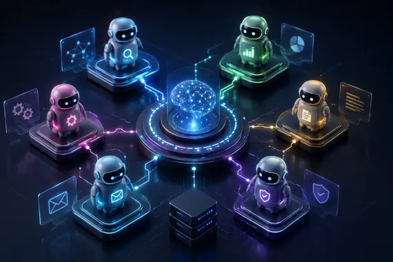 Multiple AI agents collaborating through a central AI hub