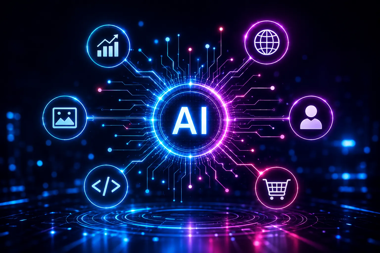 AI-driven digital transformation ecosystem connecting business and web solutions.