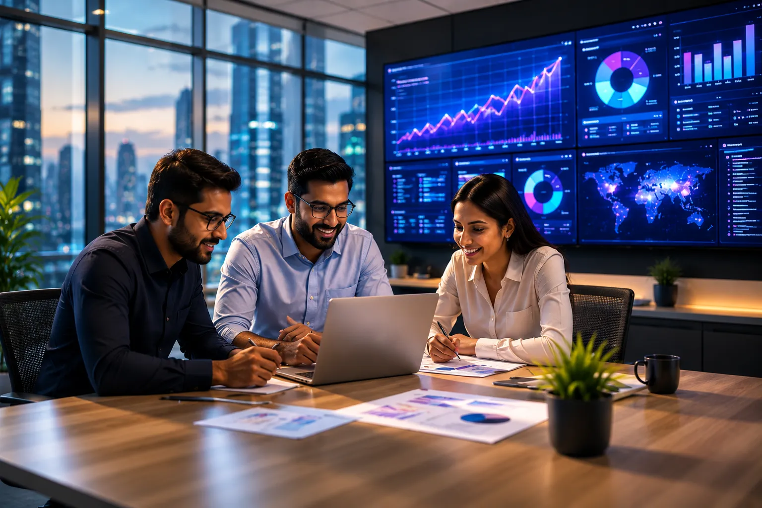 Corporate team analyzing website performance and digital growth insights.