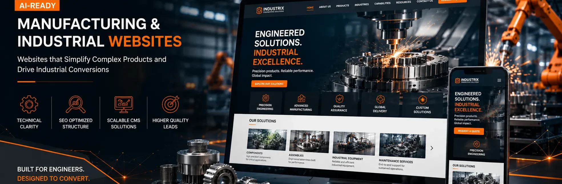Manufacturing website design displayed across desktop and mobile for industrial businesses Manufacturing website design displayed across desktop and mobile for industrial businesses