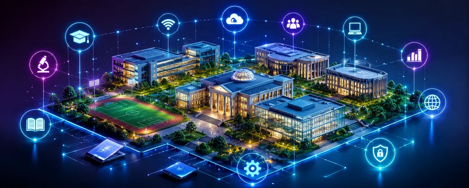 Modern digital campus representing schools, colleges, universities, and research institutions on a unified platform. Modern digital campus representing schools, colleges, universities, and research institutions on a unified platform.