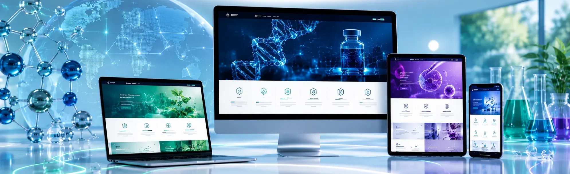 Pharmaceutical website interface with laboratory research visuals and scientific content layout. Pharmaceutical website interface with laboratory research visuals and scientific content layout.