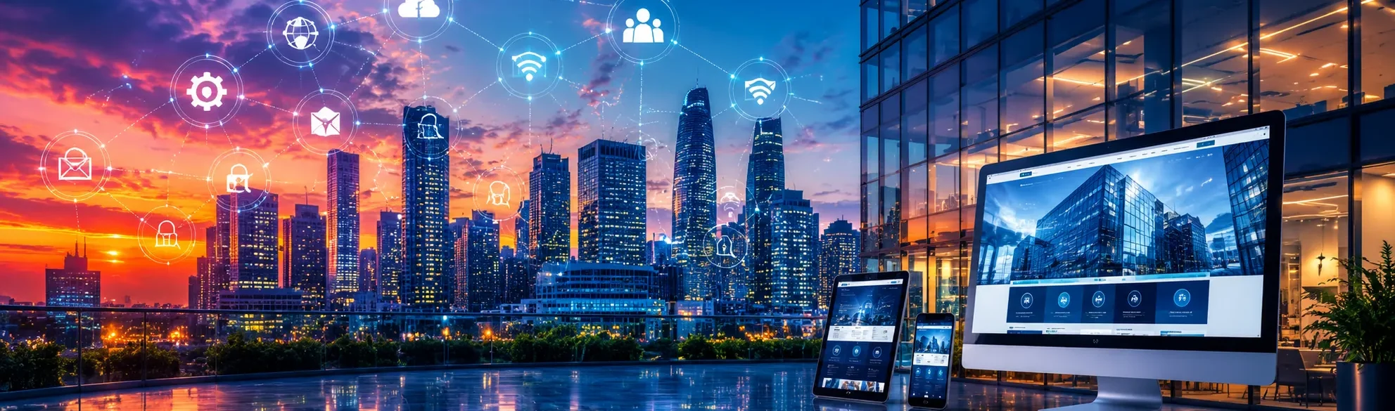 Responsive corporate website design displayed across desktop, tablet, and mobile with connected digital business solutions. Responsive corporate website design displayed across desktop, tablet, and mobile with connected digital business solutions.