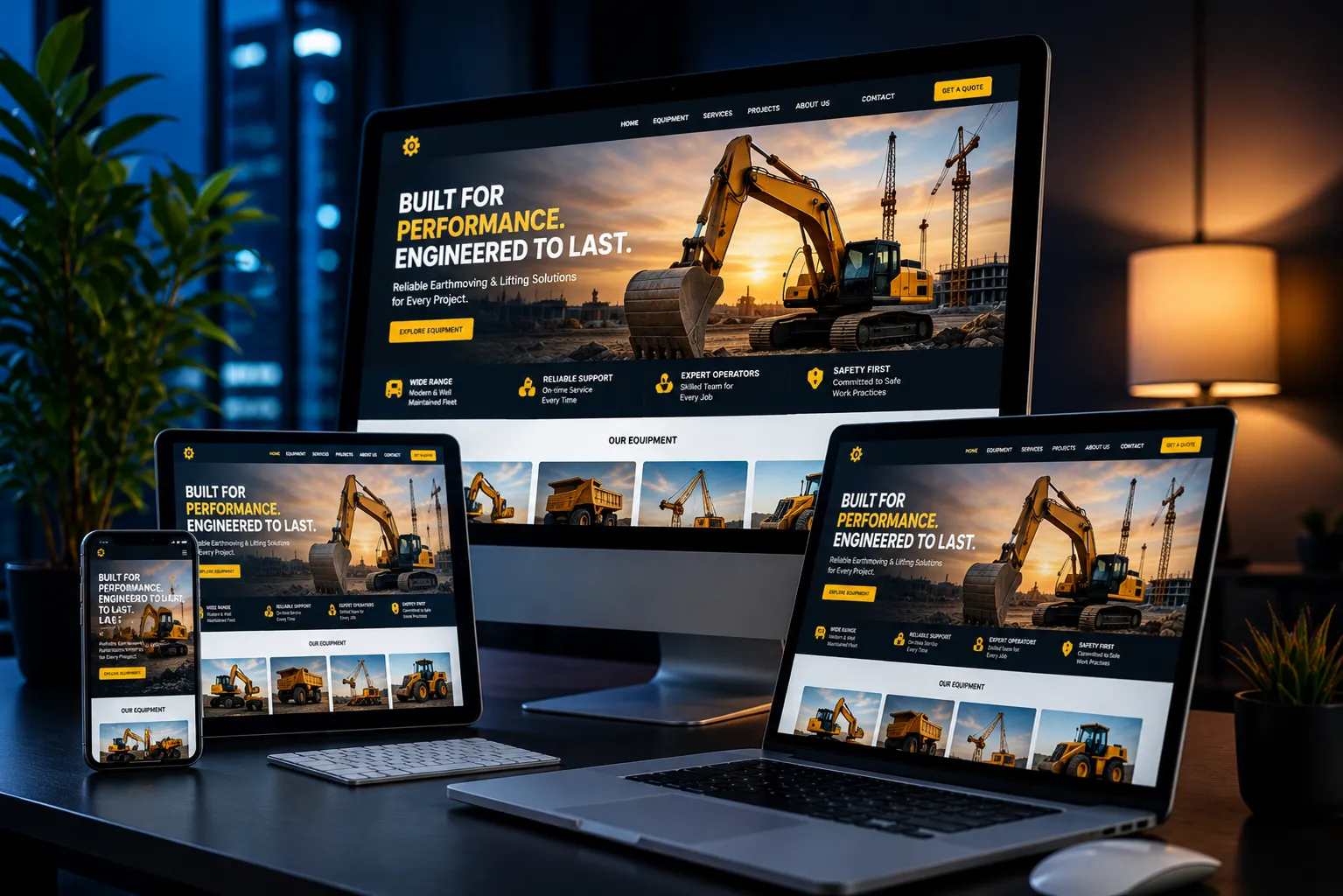 Responsive website design displayed across desktop, tablet, and mobile devices.