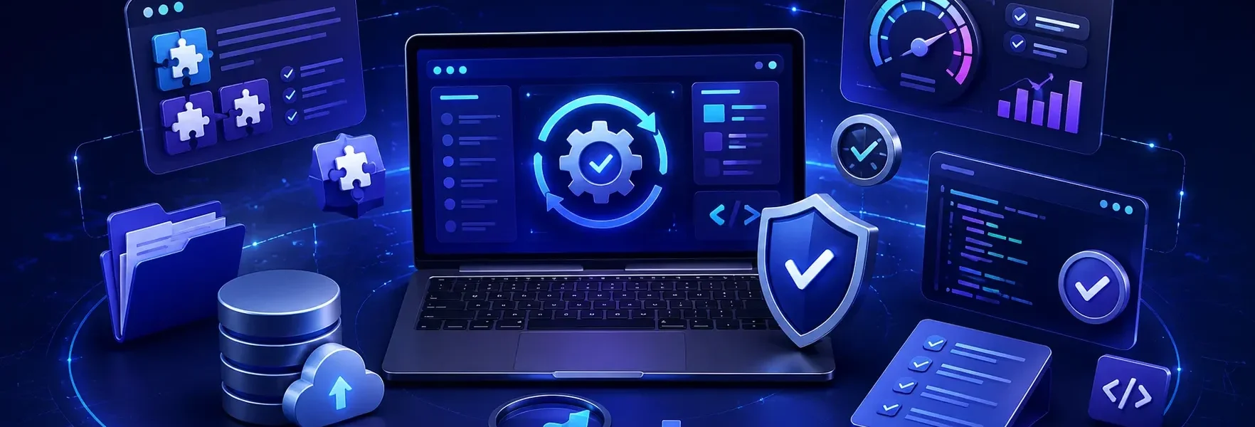 AI-powered CMS update, backup, security and performance optimization illustration