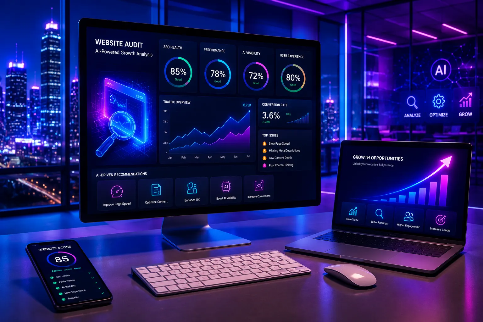 AI-powered website audit dashboard analysing SEO, performance and growth opportunities AI-powered website audit dashboard analysing SEO, performance and growth opportunities