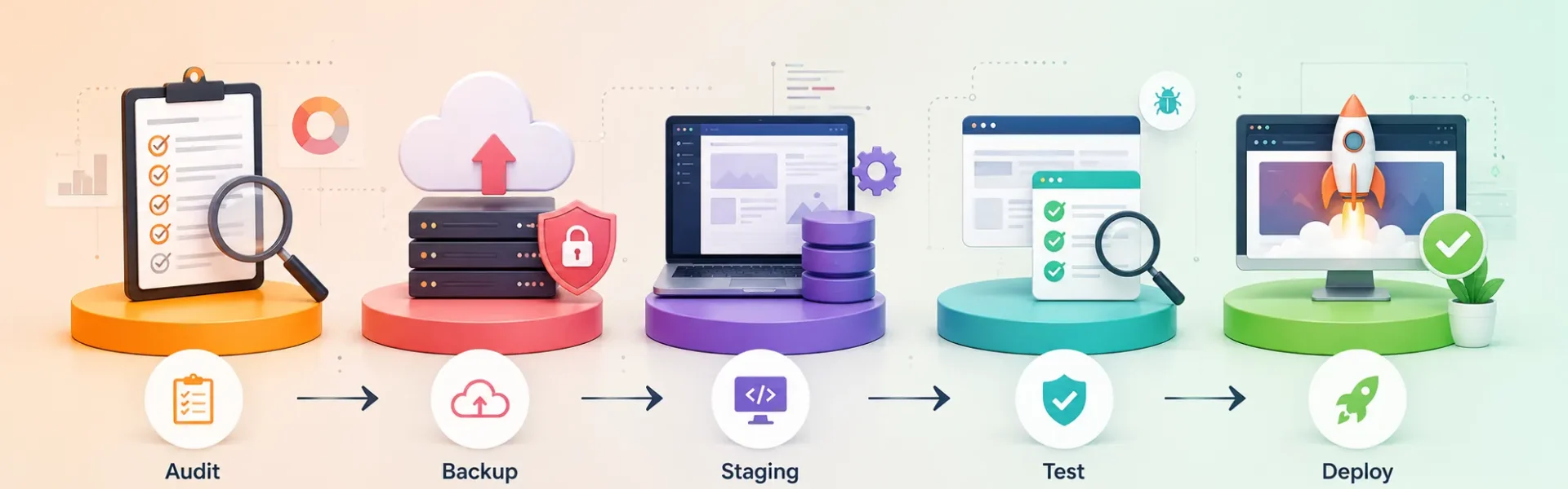 CMS update workflow showing audit, backup, staging, testing and deployment process