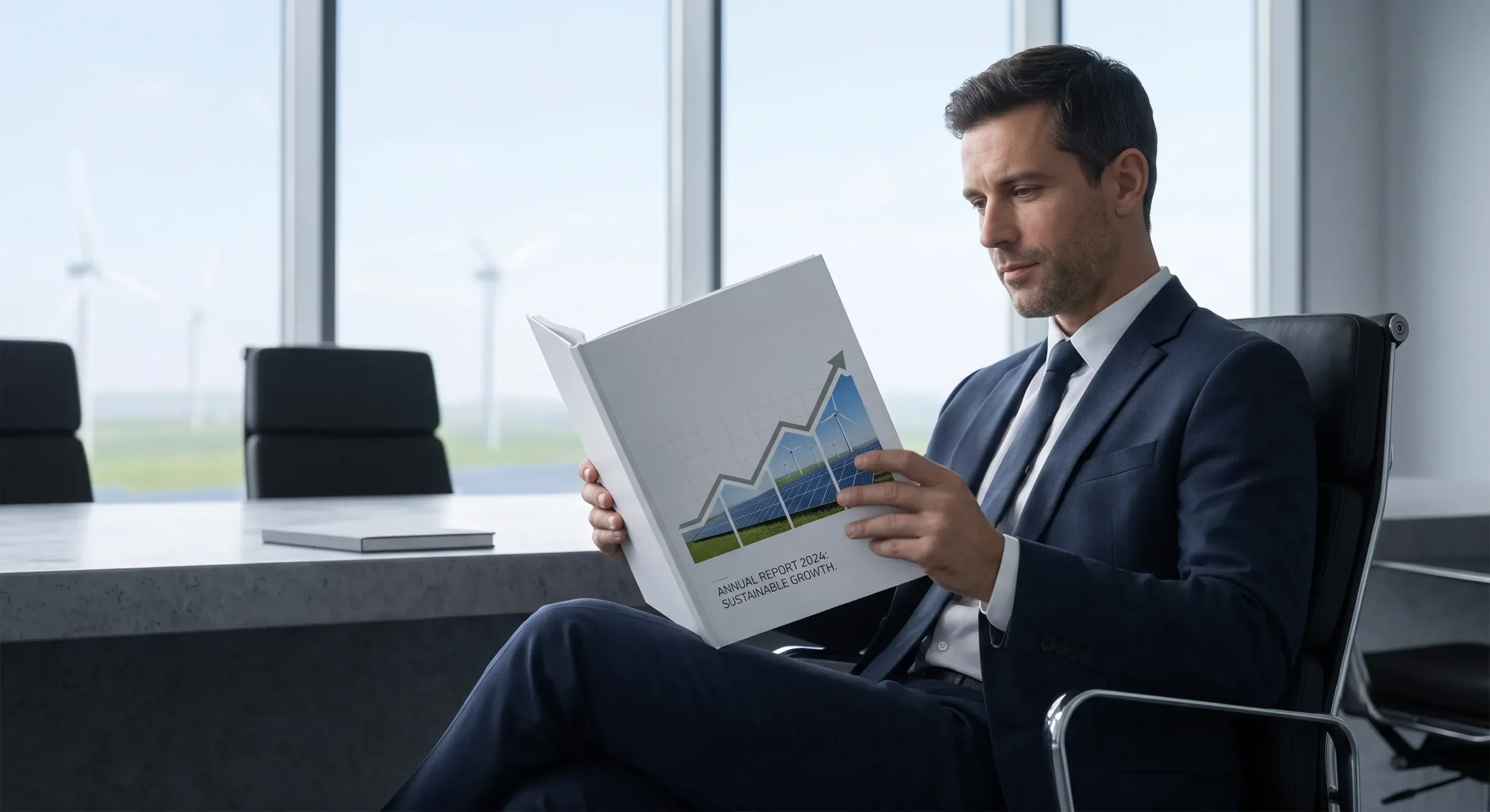 Executive reviewing renewable energy annual report Executive reviewing renewable energy annual report