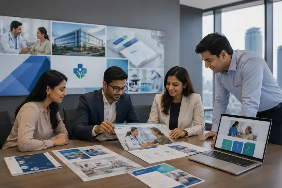 Healthcare branding team designing brochures, annual reports and digital communication assets Healthcare branding team designing brochures, annual reports and digital communication assets