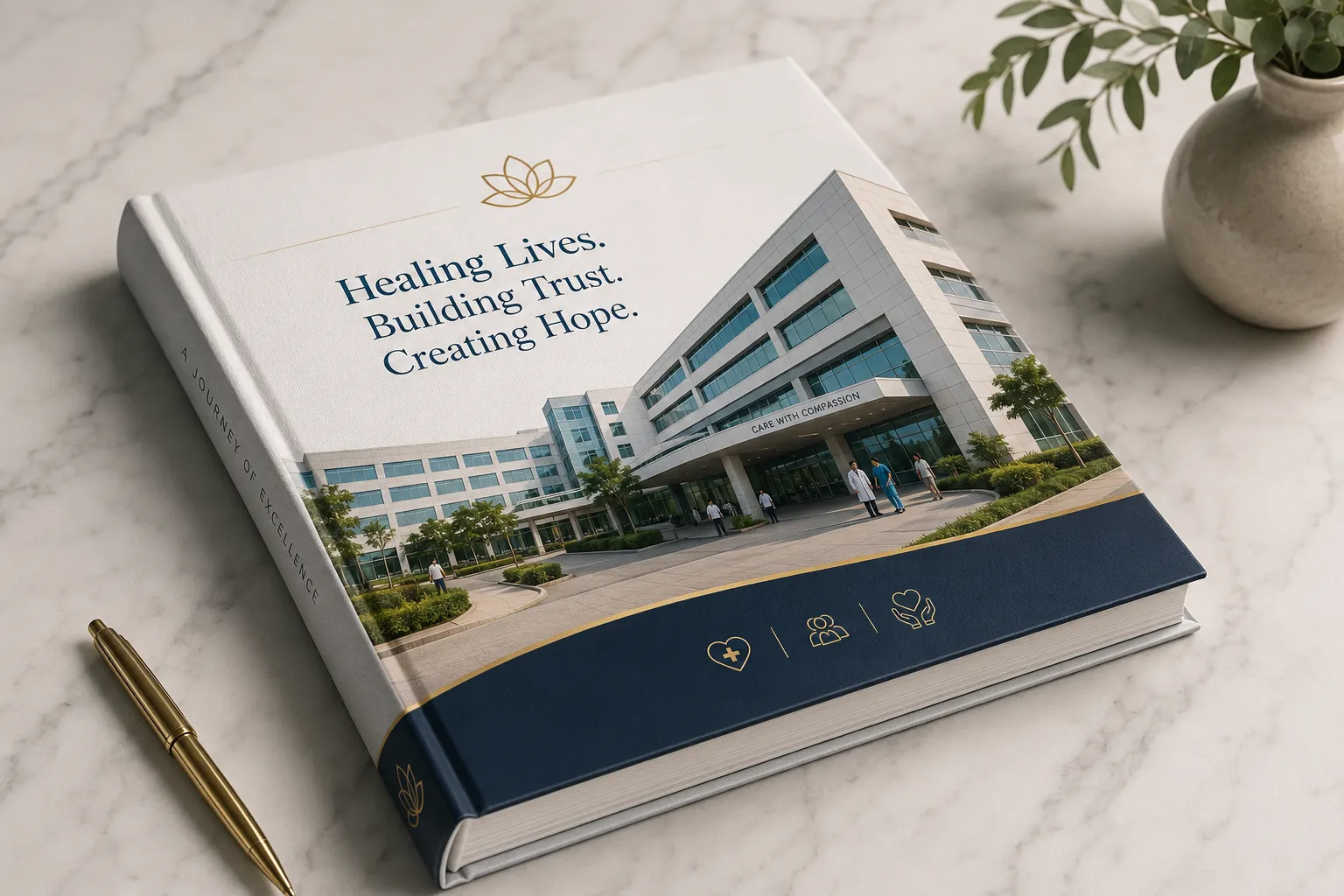 Healthcare coffee table book design showcasing hospital brand and legacy Healthcare coffee table book design showcasing hospital brand and legacy
