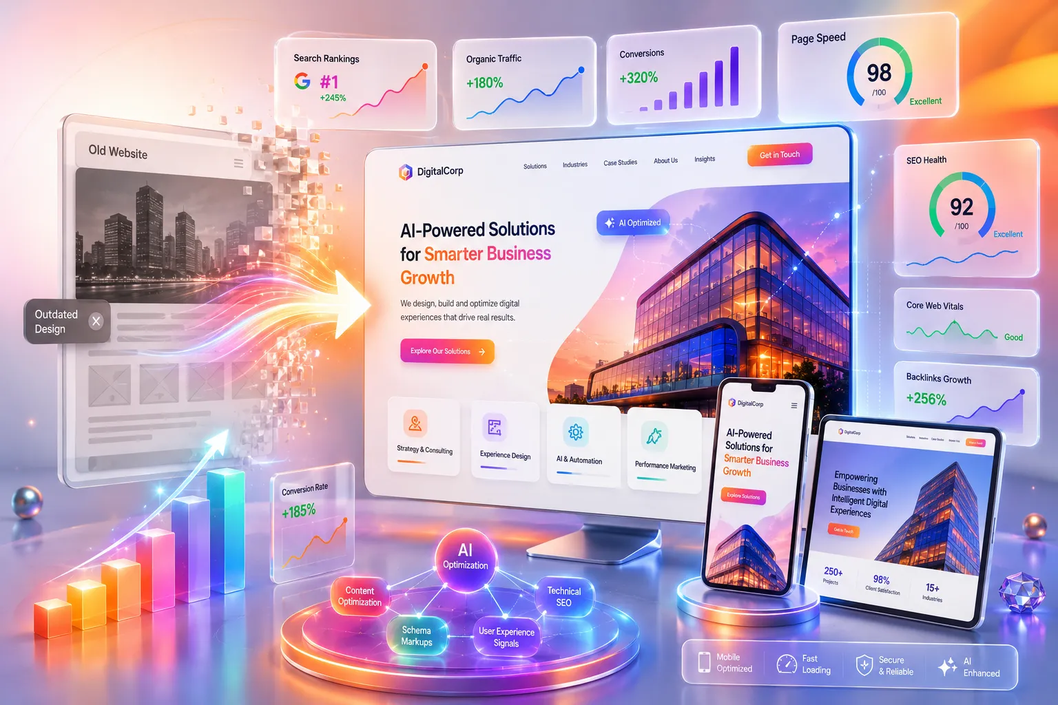 Modern AI-ready website development with performance optimization, SEO, and digital growth analytics