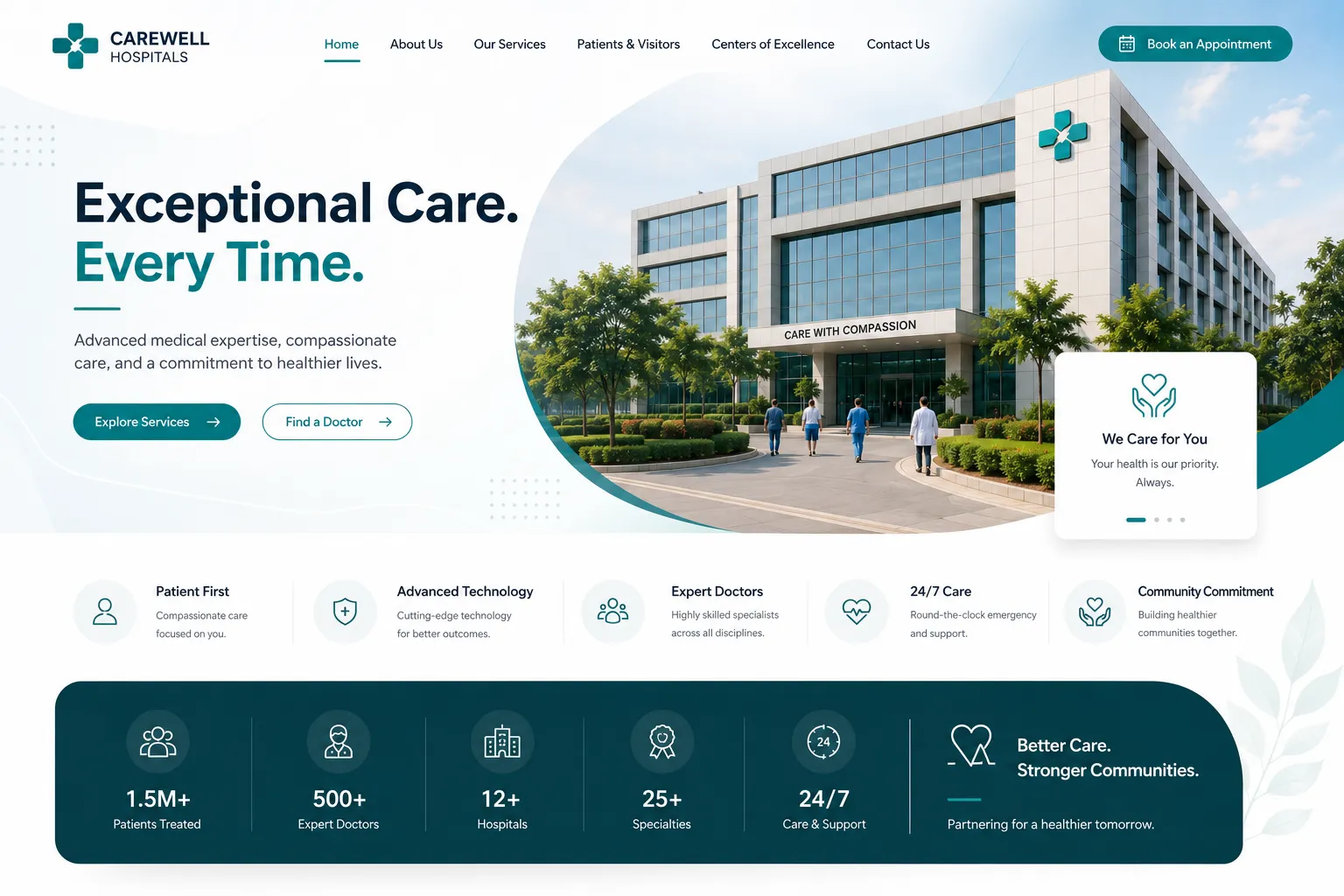 Modern hospital website design with responsive digital experience and patient-first interface Modern hospital website design with responsive digital experience and patient-first interface
