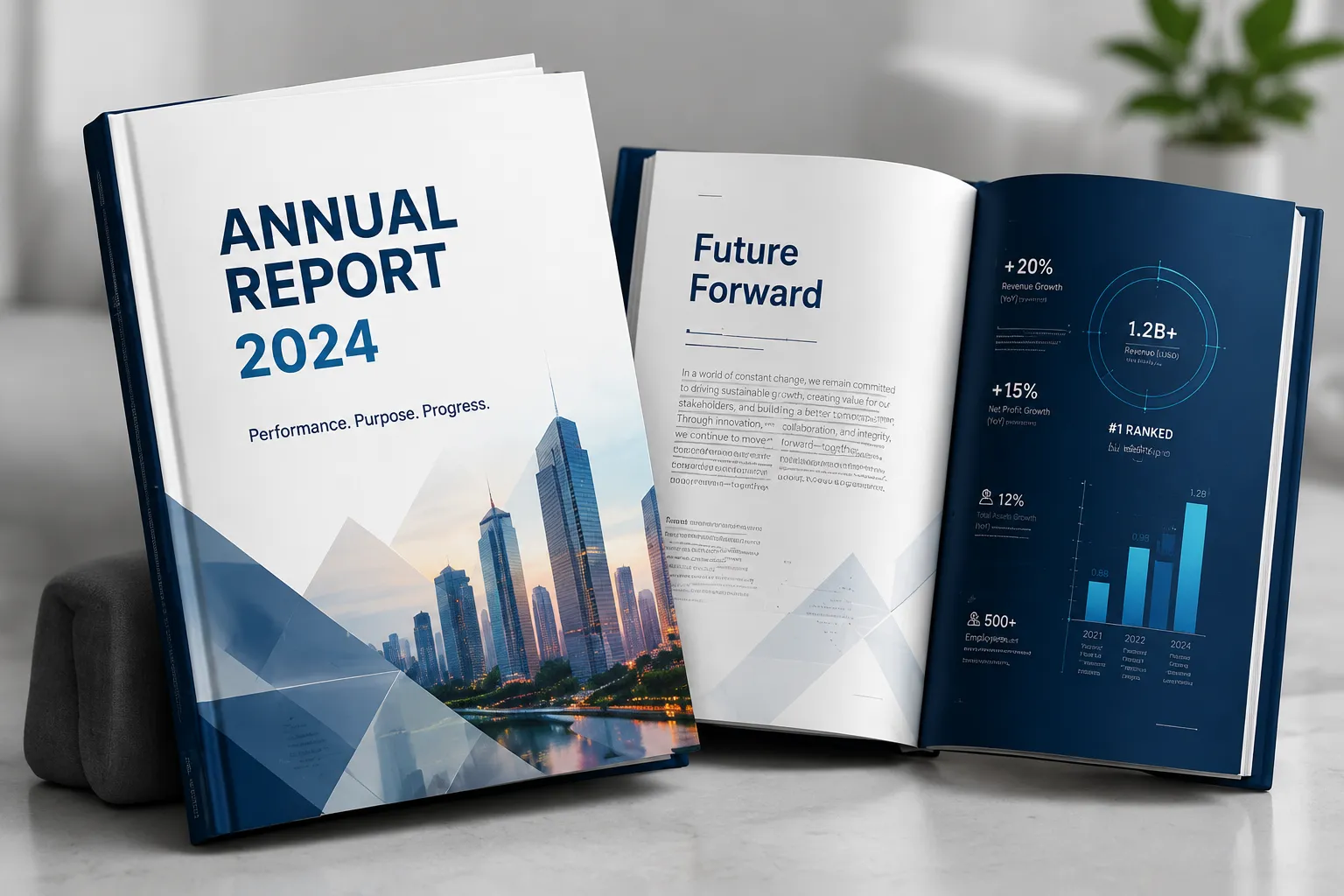Premium annual report design with financial data visualization