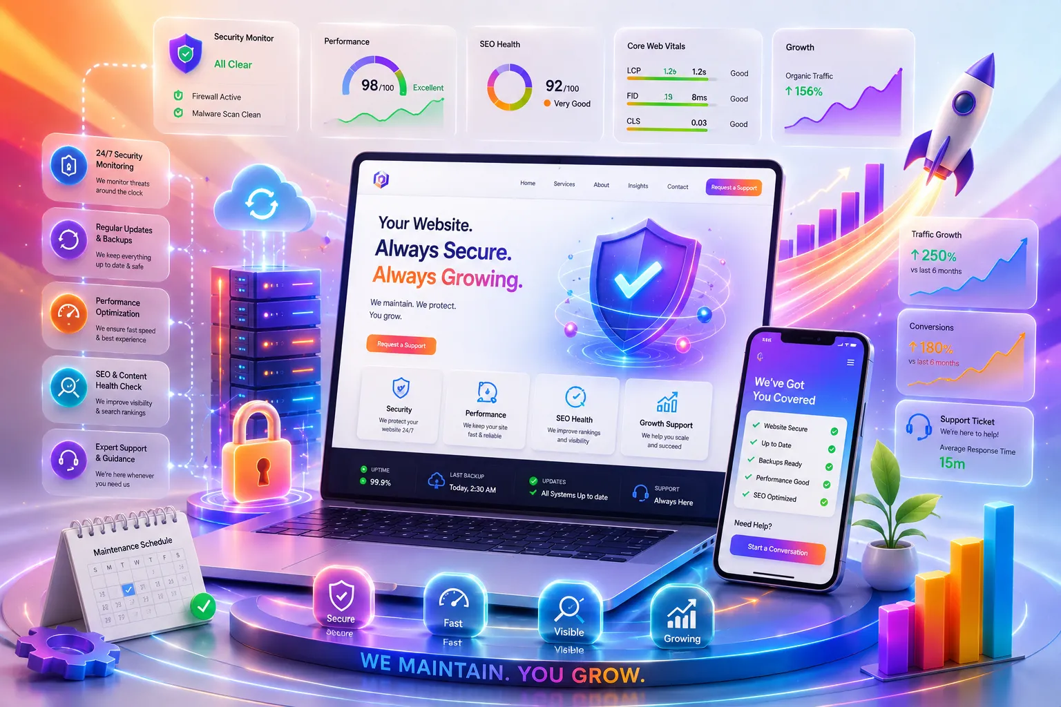 Secure website maintenance with performance monitoring, SEO health, backups, and continuous digital growth
