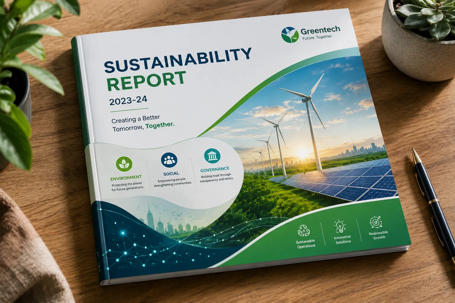 Sustainability report cover featuring ESG and renewable energy themes
