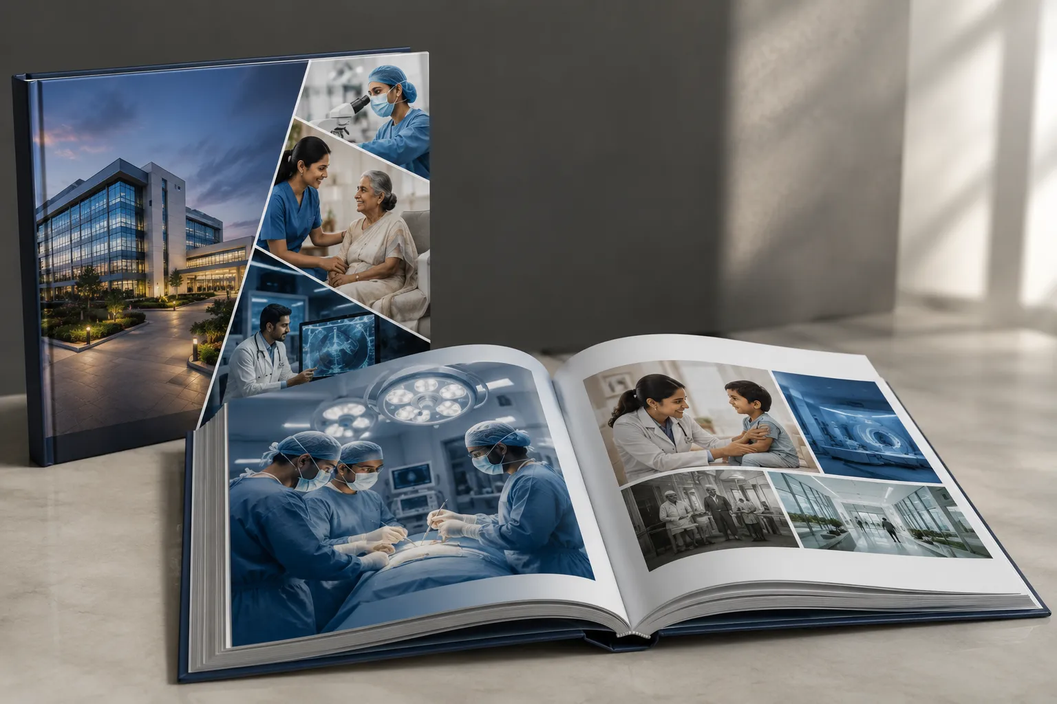 Healthcare coffee table book showcasing diagnostic centre branding and corporate communication Healthcare coffee table book showcasing diagnostic centre branding and corporate communication